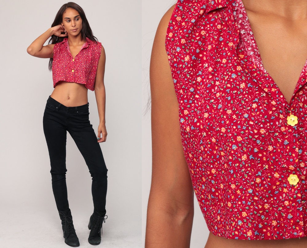 70s Red Floral Sleeveless Button-Up Crop Top Medium