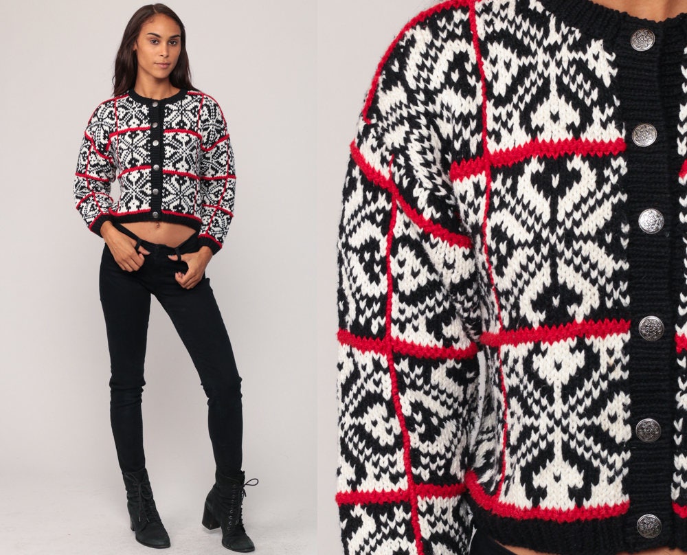 90s Norwegian Fair Isle Cardigan Black White Red Cotton Small