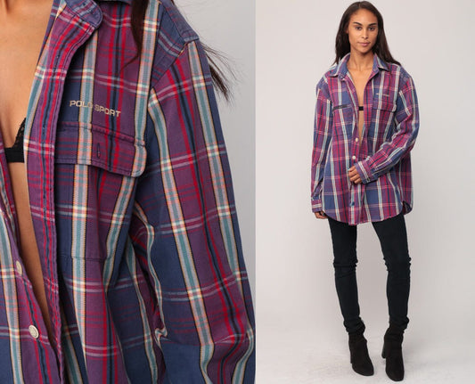 Polo Sport 90s Plaid Shirt Purple Blue Cotton Button-Up Extra Large XL