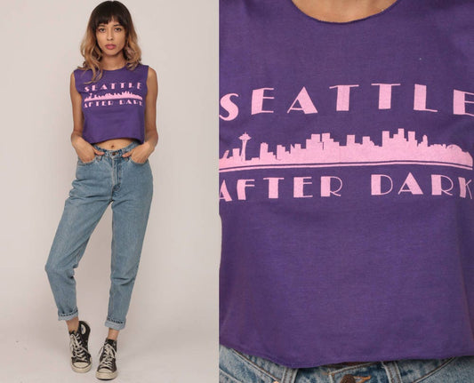 80s Seattle After Dark Tank Top Purple Graphic Crop Tee Small