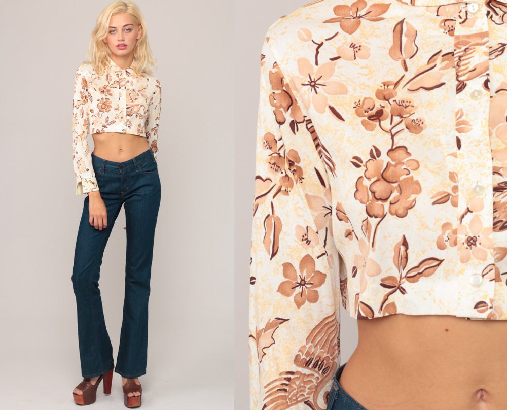 70s Floral Bird Print Blouse Peter Pan Collar Crop Top Long Sleeve Small