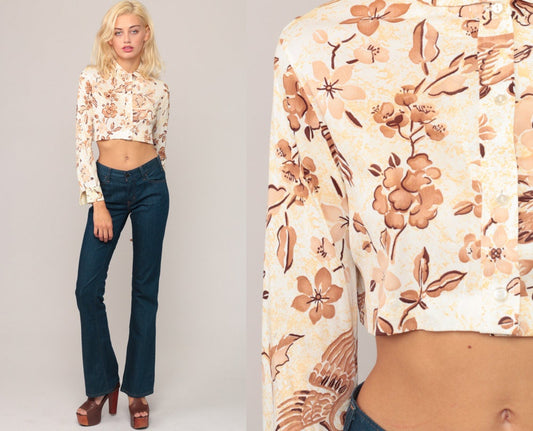 70s Floral Bird Print Blouse Peter Pan Collar Crop Top Long Sleeve Small