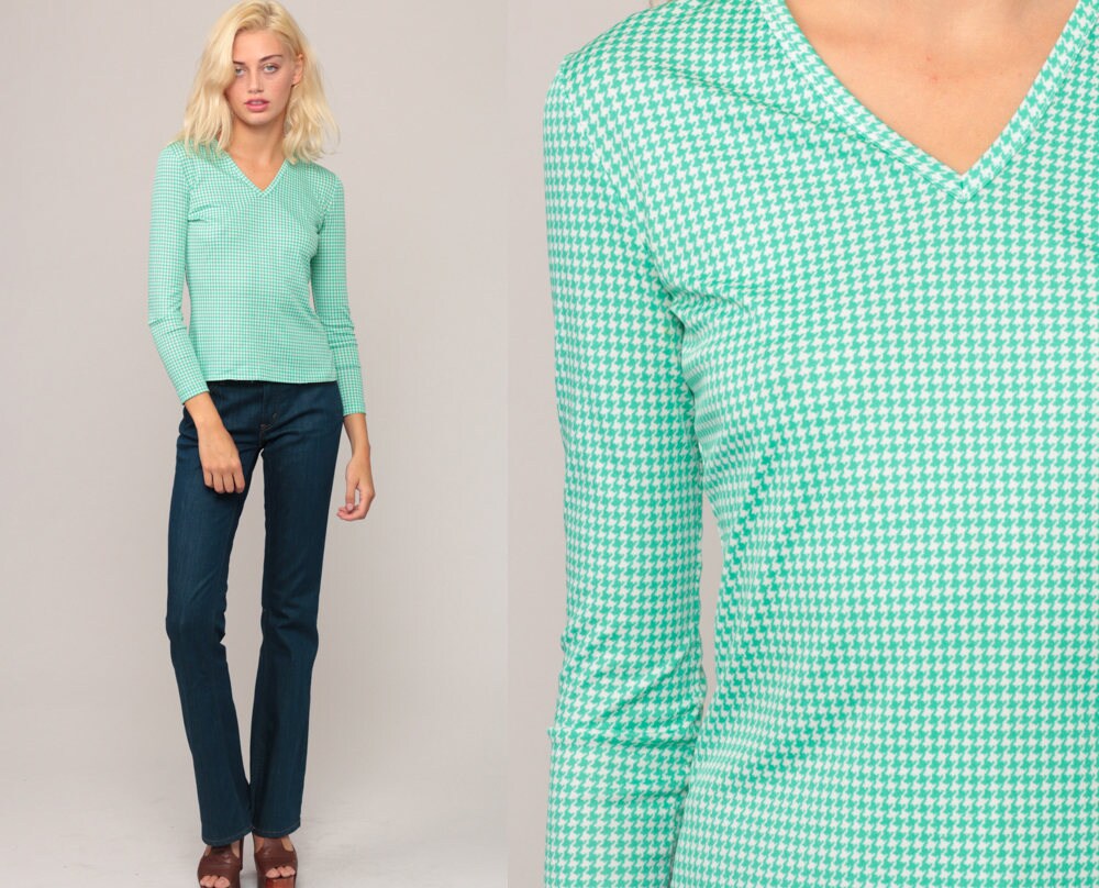 70s Green White Houndstooth V-Neck Long Sleeve Shirt Small Medium