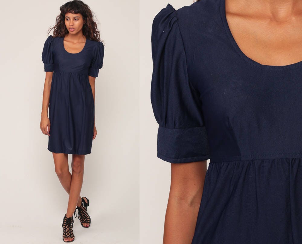 60s Navy Babydoll Dress Empire Waist Puff Sleeve Mini Mod Extra Small
