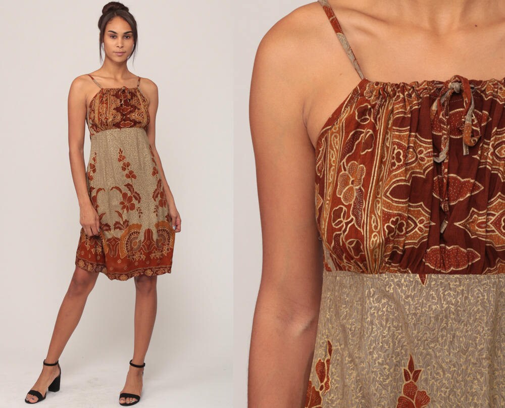 90s Indian Batik Floral Mini Dress Brown Spaghetti Strap Empire Waist Small