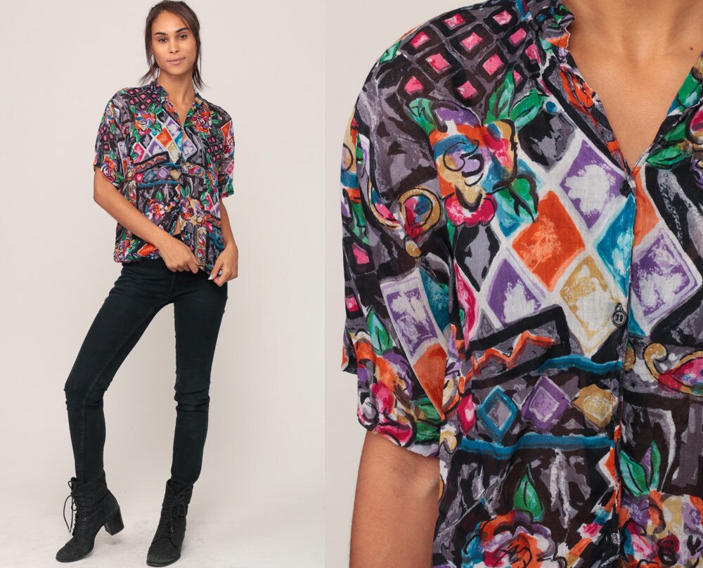 90s Watercolor Floral Button-Up Blouse Short Sleeve Cotton Medium
