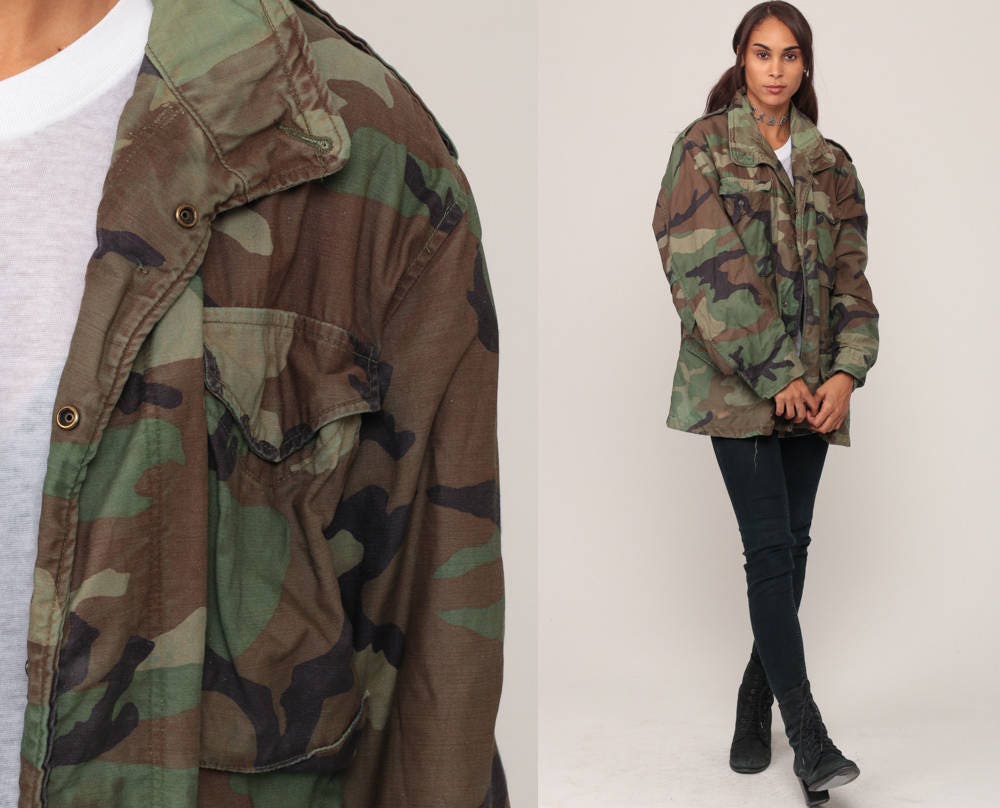 80s Military Camo Jacket Olive Drab Field Cargo Large
