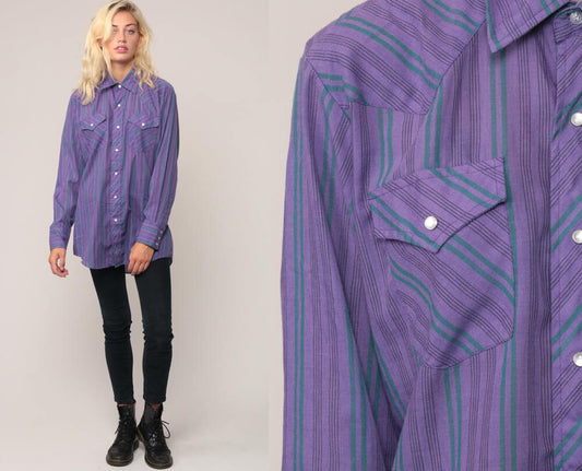 80s Western Pearl Snap Striped Purple Button-Up Shirt Medium