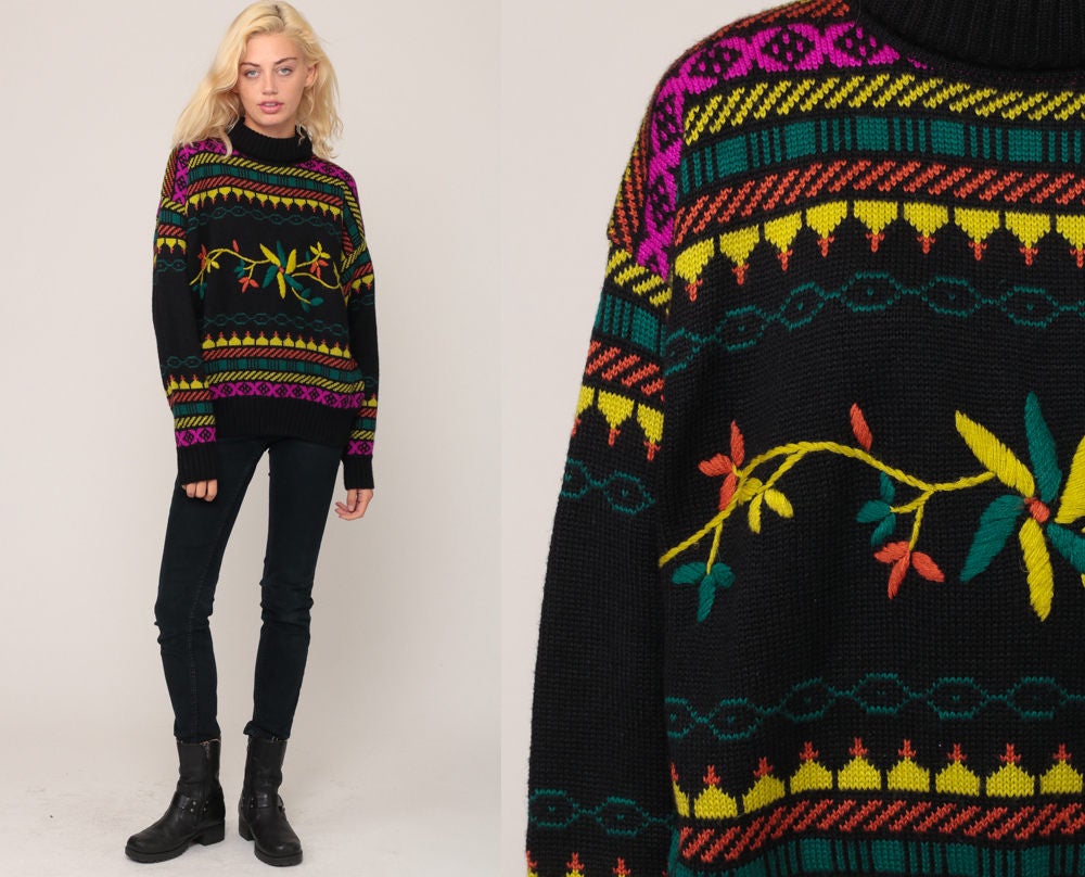 80s Floral Embroidered Funnel Neck Sweater Black Knit Plus Size XXL
