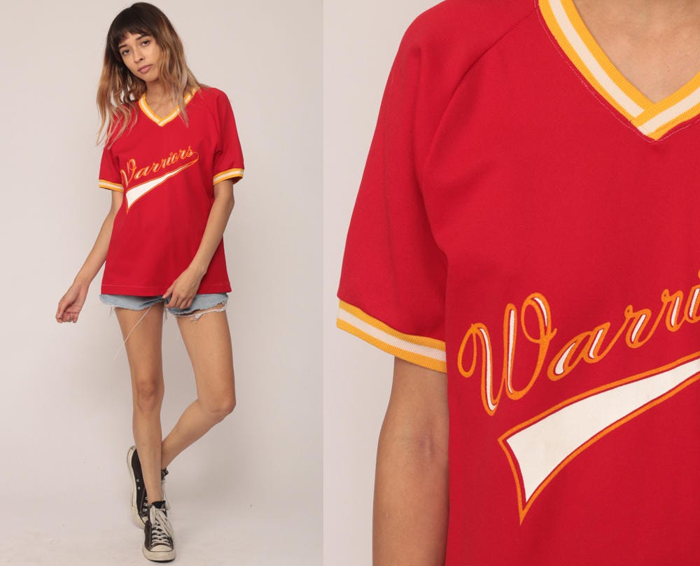 80s Warriors 11 Baseball Tee Ringer Shirt Red V-Neck Graphic Medium