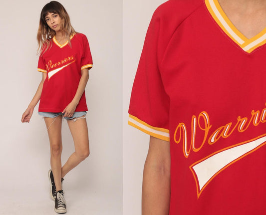 80s Warriors 11 Baseball Tee Ringer Shirt Red V-Neck Graphic Medium