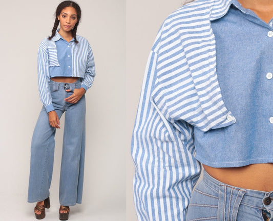 80s Chambray Striped Crop Top Button-Up Blouse Long Sleeve Blue White Small