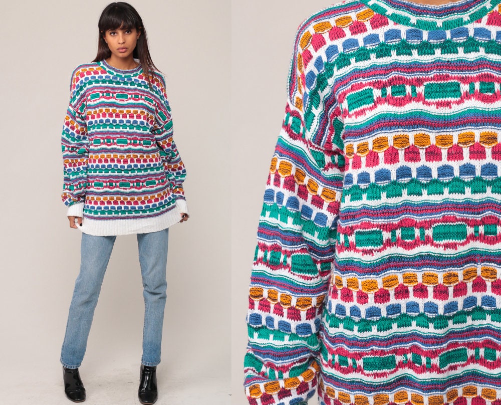 90s Striped Pullover Sweater Geometric Knit Blue Green Pink Large