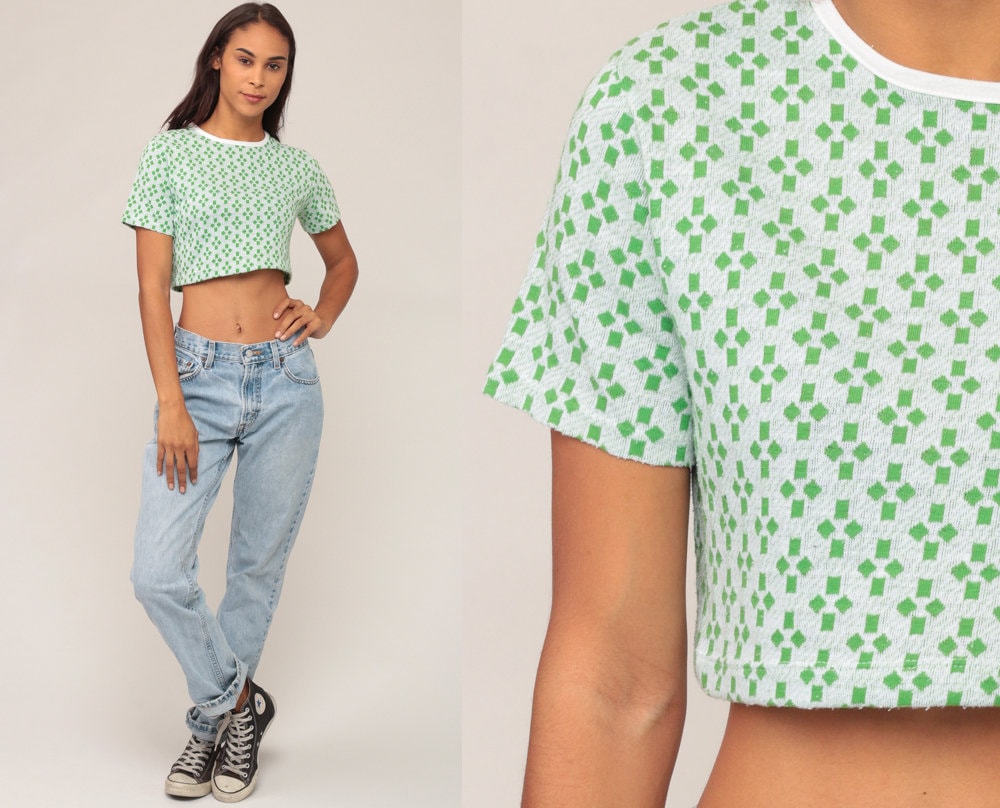 70s Geometric Crop Top Green T-Shirt Short Sleeve Small Medium