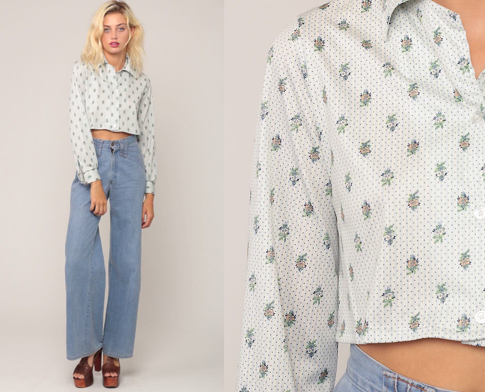 70s Floral Button-Up Crop Top Long Sleeve Blouse Blue White Small Medium
