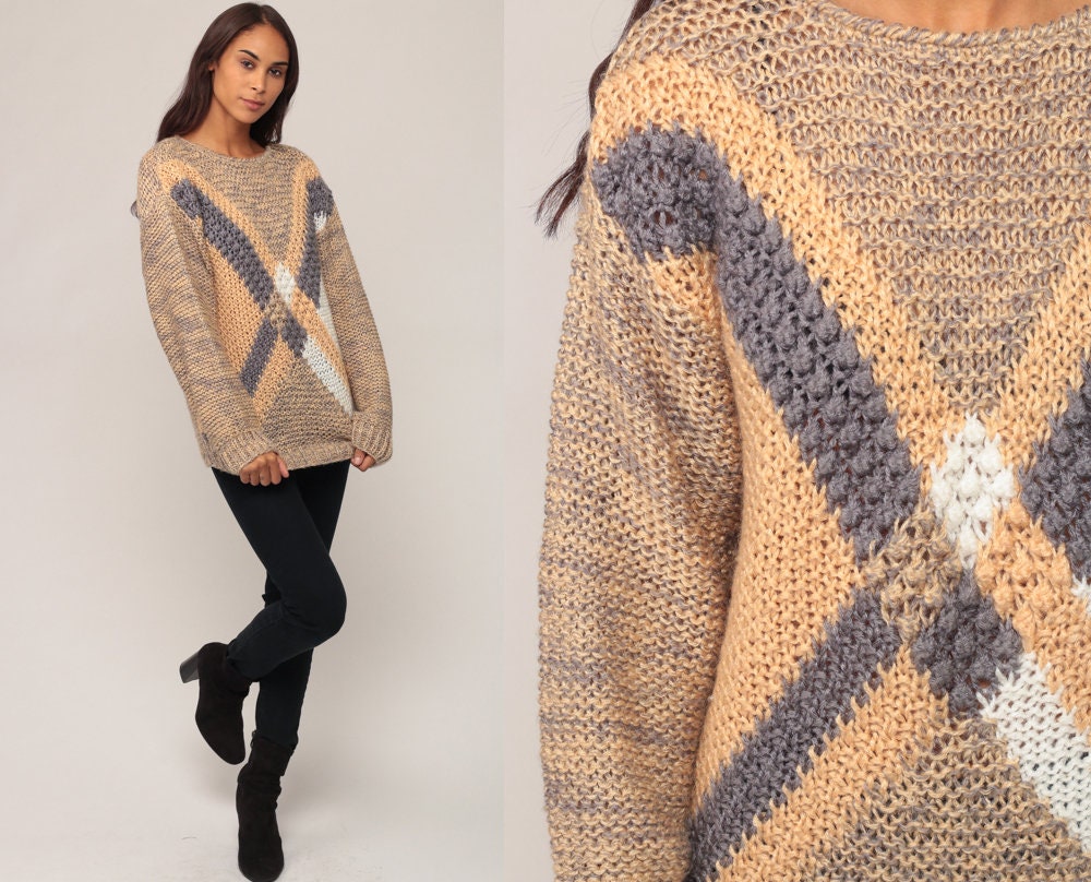 90s Striped X Pullover Sweater Open Weave Knit Grey Tan Medium