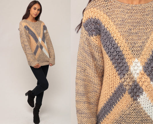 90s Striped X Pullover Sweater Open Weave Knit Grey Tan Medium