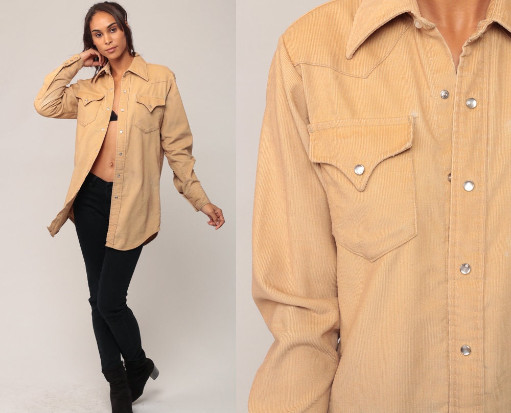 70s Tan Corduroy Pearl Snap Western Shirt Long Sleeve Unisex Small