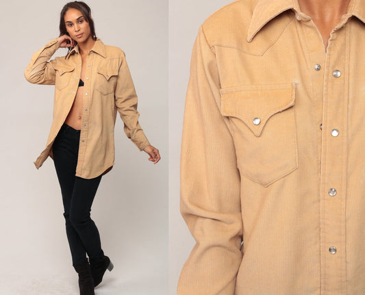 70s Tan Corduroy Pearl Snap Western Shirt Long Sleeve Unisex Small
