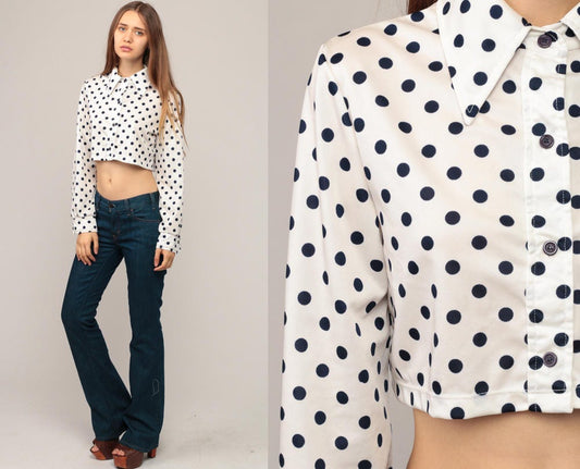 70s White Blue Polka Dot Crop Top Button Up Blouse Long Sleeve Small Medium