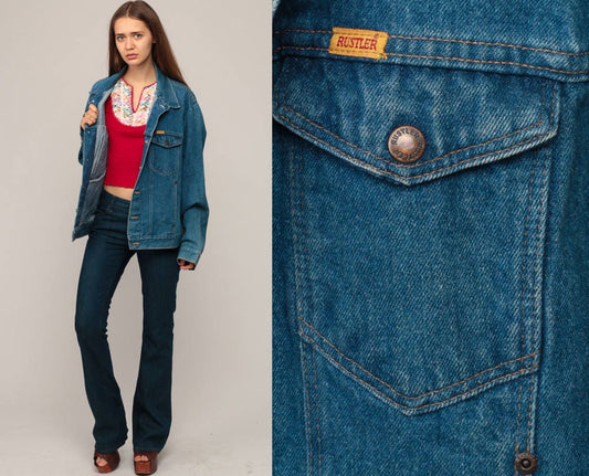80s Rustler Blue Stone Wash Denim Jacket Trucker Extra Large XL