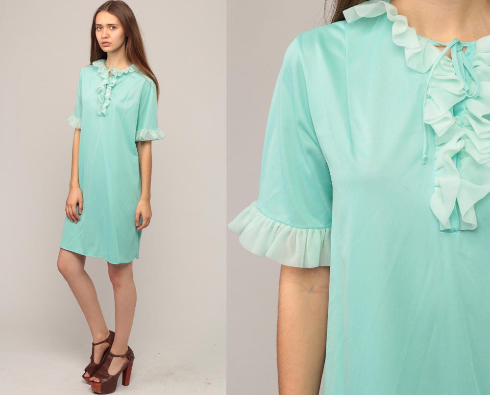 70s Seafoam Blue Babydoll Nightgown Mini Ruffle Trim Small Medium