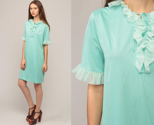70s Seafoam Blue Babydoll Nightgown Mini Ruffle Trim Small Medium