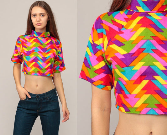 70s Rainbow Geometric Crop Top Turtleneck Short Sleeve Small
