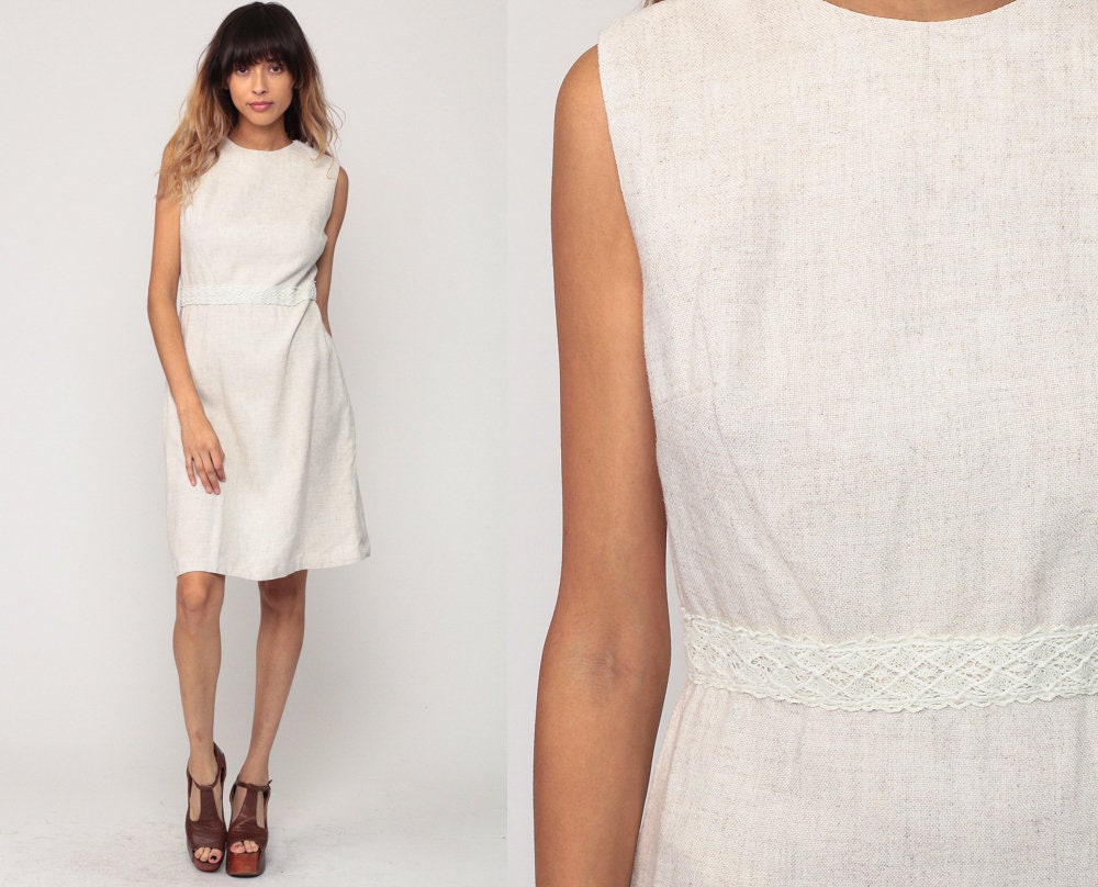 60s Mod Mini Shift Dress Linen Beige Sleeveless High Waist Medium