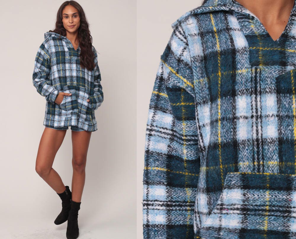 90s Blue Plaid Hooded Sweatshirt Jacket Kangaroo Pocket Small
