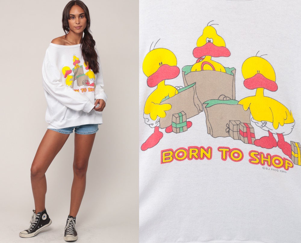 80s Born to Shop Duck Graphic Sweatshirt Cartoon Jumper Extra Large XL