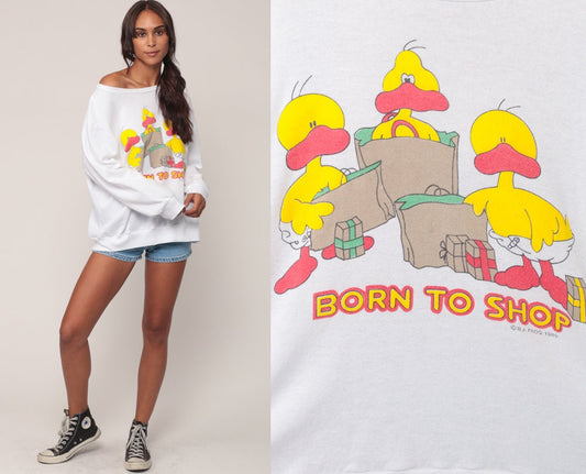 80s Born to Shop Duck Graphic Sweatshirt Cartoon Jumper Extra Large XL