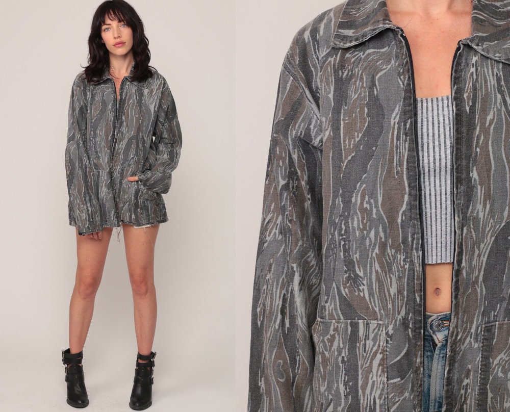 90s Camo Hunting Jacket Unisex Army Coat Zip Front Large