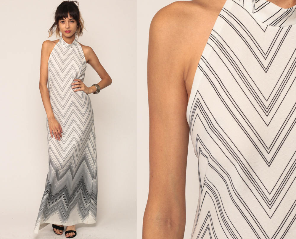 70s Halter Maxi Dress White Black Zig Zag Stripe Open Back Small Medium