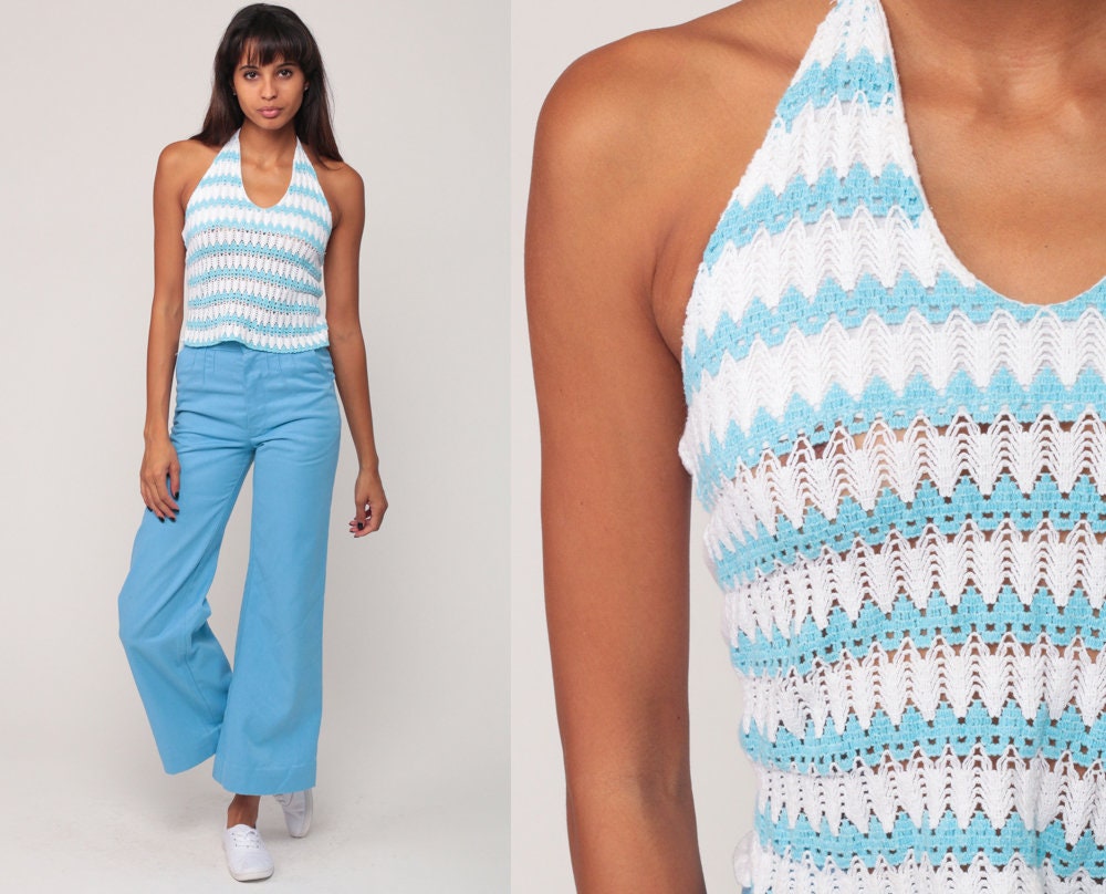 90s White Crochet Halter Tank Top Blue Striped Cotton Gauze Extra Small XS