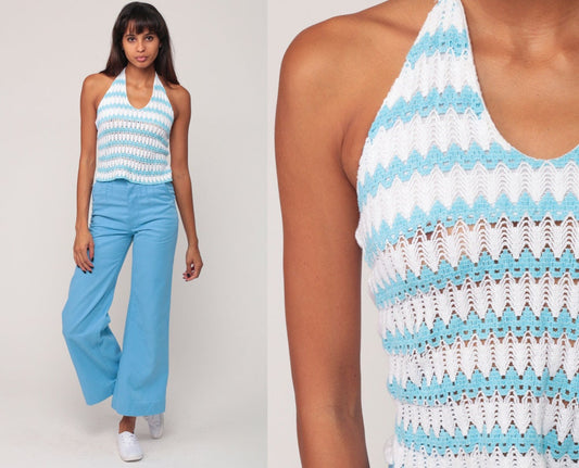 90s White Crochet Halter Tank Top Blue Striped Cotton Gauze Extra Small XS