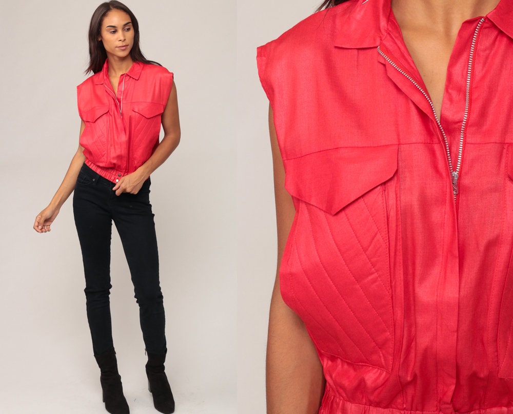 80s Red Zip Vest Cargo Pockets Sleeveless Medium
