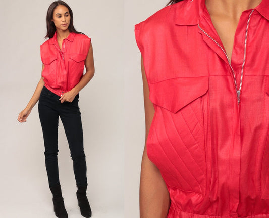 80s Red Zip Vest Cargo Pockets Sleeveless Medium