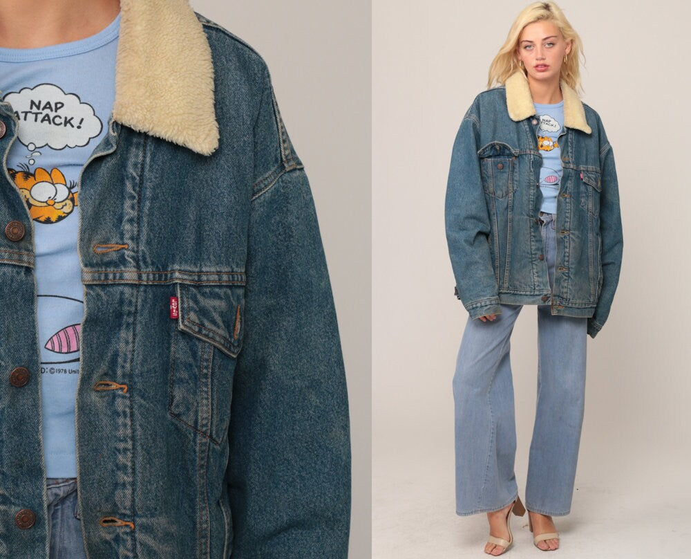 80s Levi's Denim Jacket Faux Shearling Lining Blue Extra Large XL