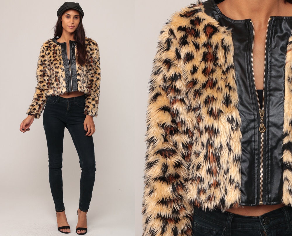 90s Leopard Print Faux Fur Cropped Jacket Extra Small XS