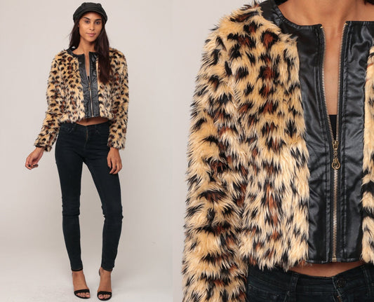 90s Leopard Print Faux Fur Cropped Jacket Extra Small XS