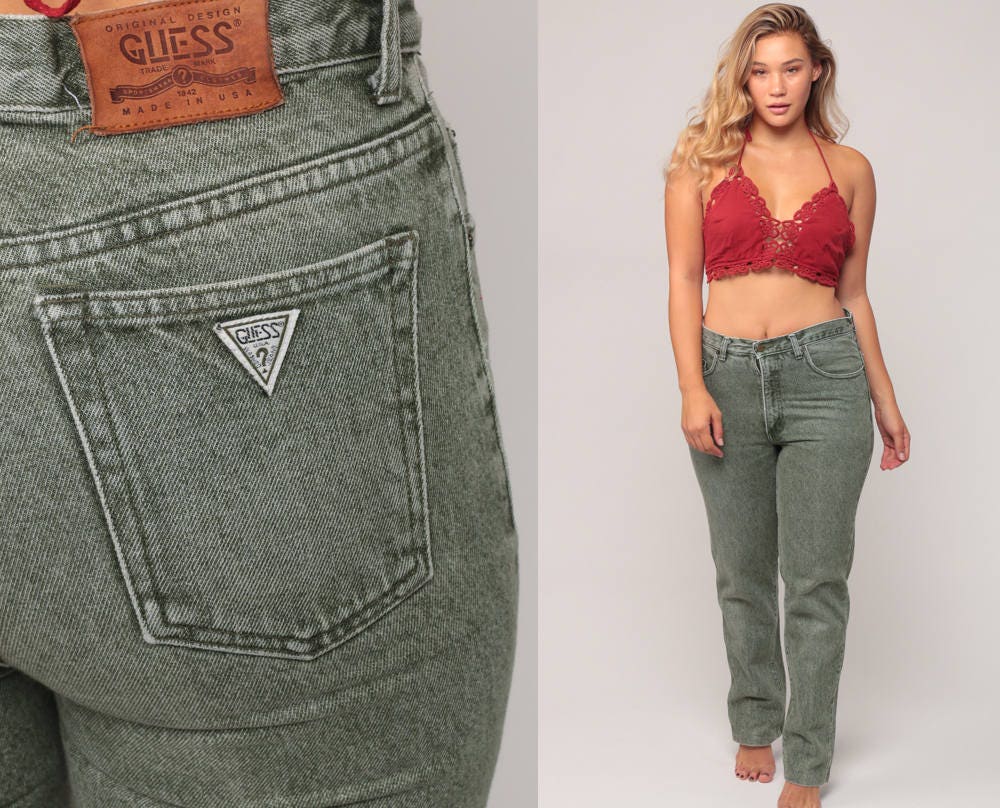 80s Guess High Waist Mom Jeans Stone Wash Green Denim Tapered Medium