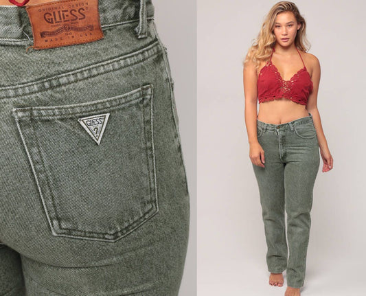 80s Guess High Waist Mom Jeans Stone Wash Green Denim Tapered Medium