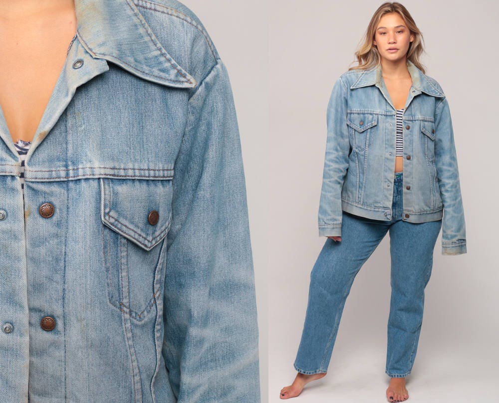 70s Blue Denim Jacket Quilted Red Lining Unisex Snap Front Extra Large