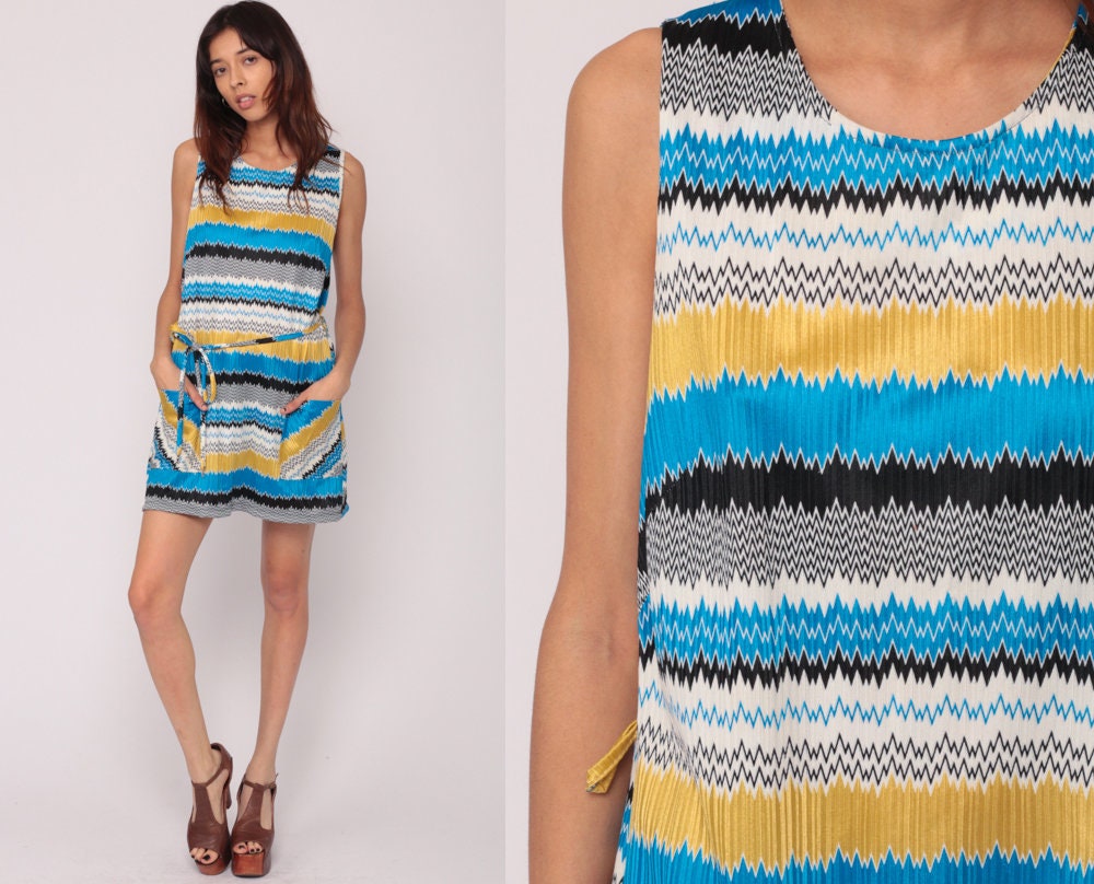 60s Mod Striped Shift Dress Mini Sleeveless Belted Blue Plus Size XL