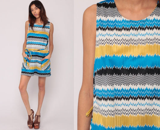 60s Mod Striped Shift Dress Mini Sleeveless Belted Blue Plus Size XL