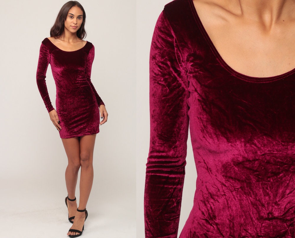 90s Wine Velvet Bodycon Mini Dress Long Sleeve Extra Small