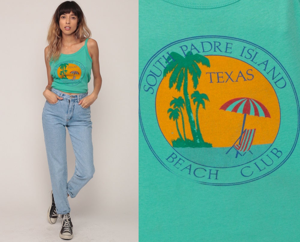 80s South Padre Island Palm Tree Tank Top Green Spaghetti Strap Camisole Medium