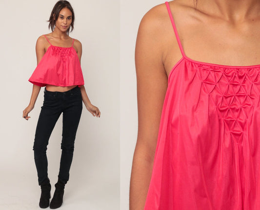 80s Red Nylon Camisole Pintuck Tent Cut Lingerie Tank Small