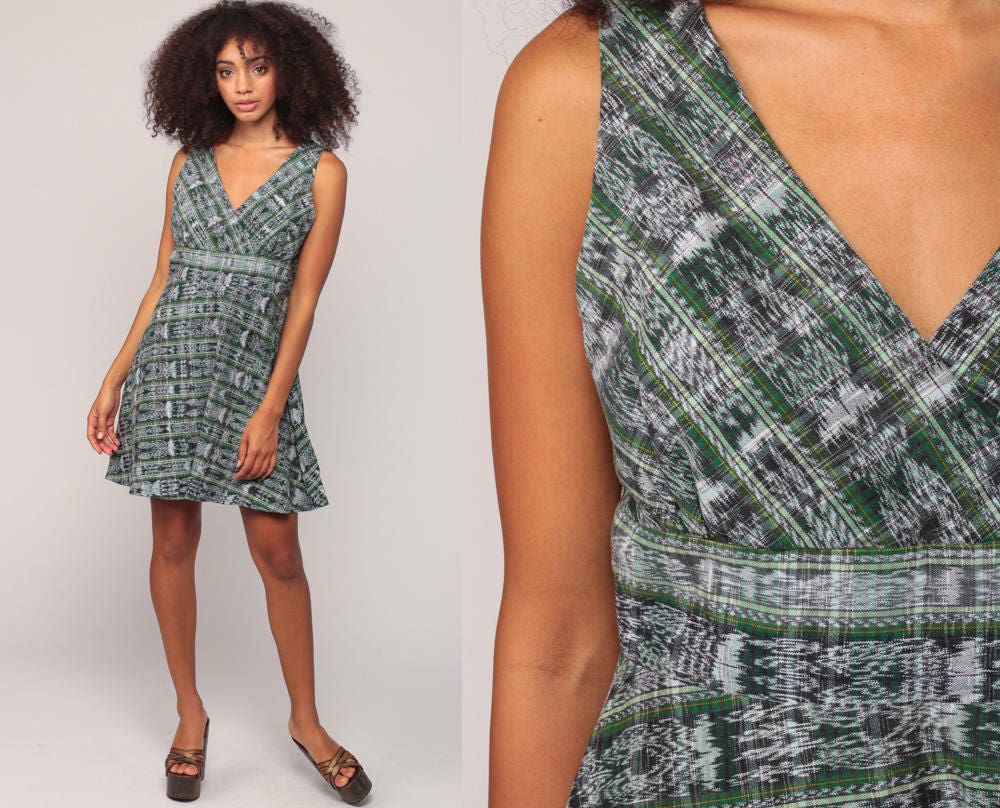 90s Tribal Print Babydoll Dress Empire Waist Mini Green Medium Large